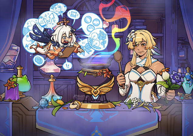 Half body, 2 chara, complex bg